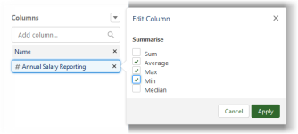 Screenshot showing annual salary reporting column settings